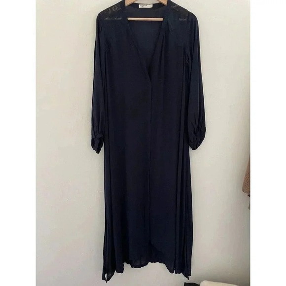 ORFEO Paris Women’s Maxi Dress Medium Navy Blue Sheer Cover Up Long Sleeve Beach - Picture 1 of 12